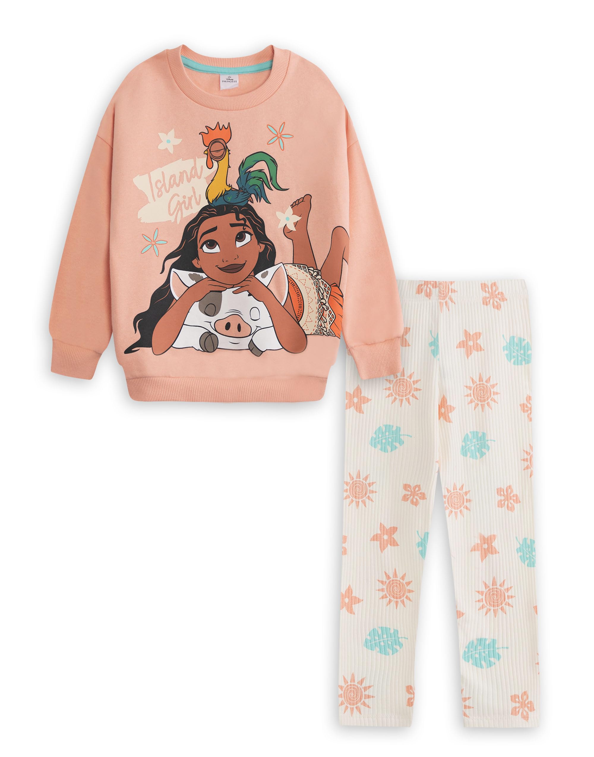 Disney Moana Peach Sweatshirt & Joggers Set | Crew Neck Long Sleeve Pullover | Heihei Pua Cartoon Graphic | Island Girl Kids Loungewear Merch