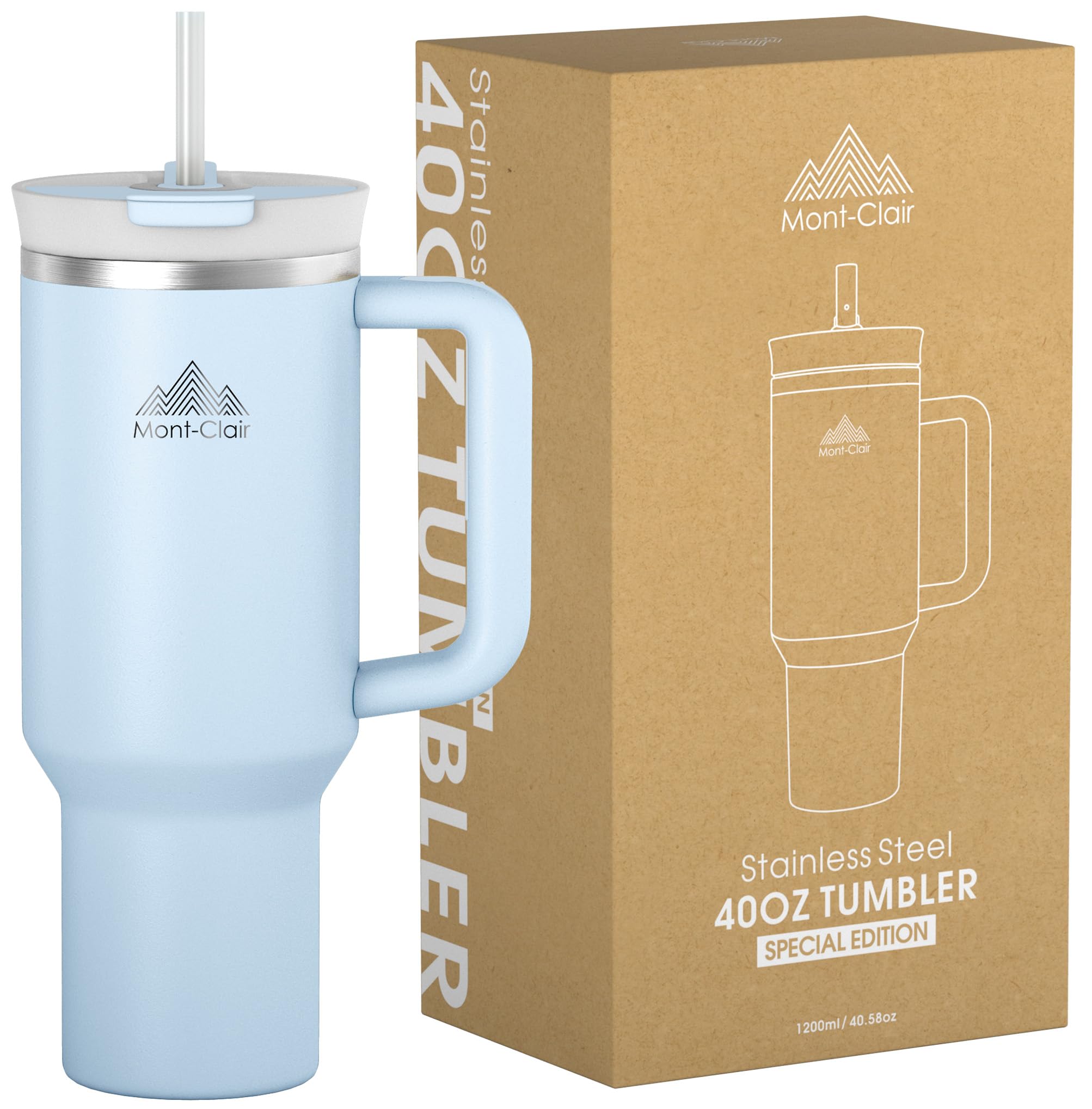 Tumbler 40oz - Trinkflasche mit Strohhalm 1.2L - Auslaufsicher Thermobecher mit Strohhalm Kühlt 10 Stunden - 48 Stunden Eisgekühlt - Trinkbecher mit Deckel und Strohhalm BPA Frei - Gletscherblau