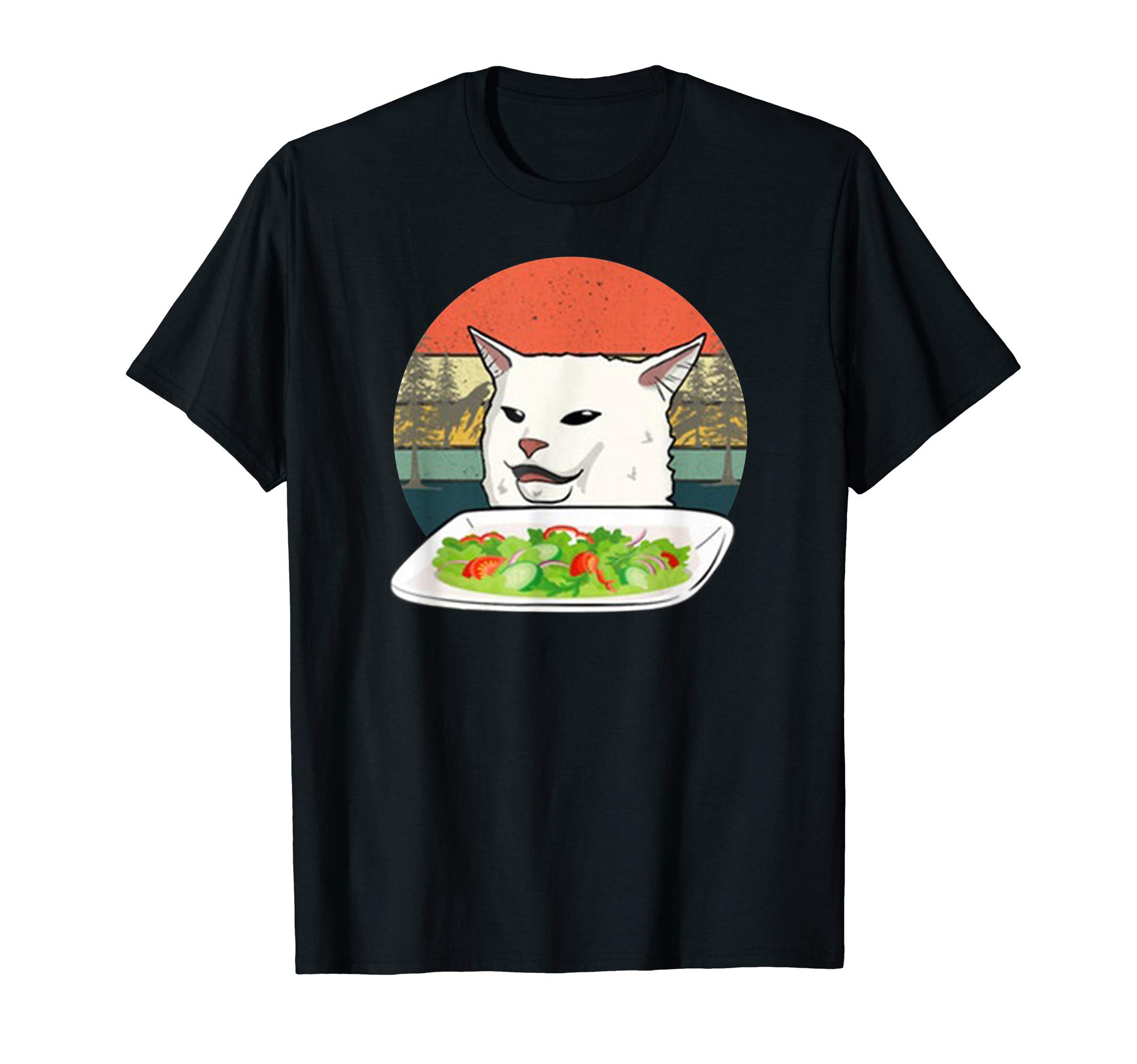 Angry women yelling at confused cat at dinner table meme T-Shirt