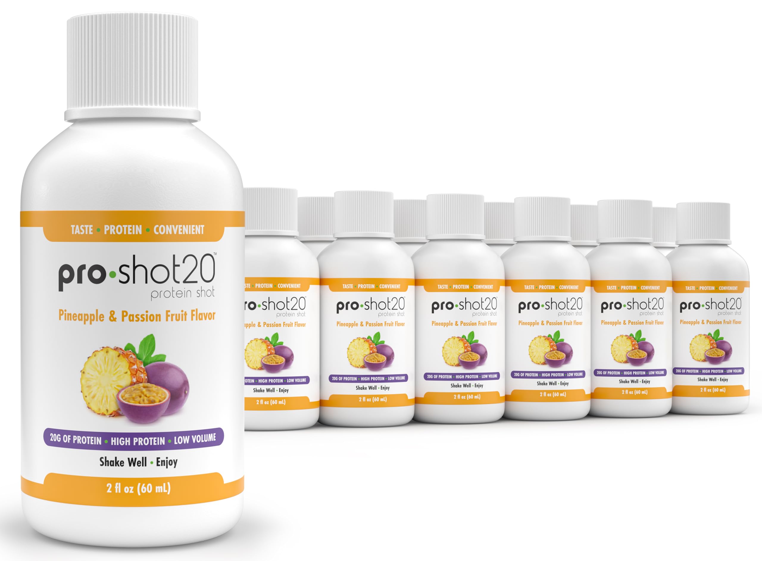 Pro-Shot20 Protein Shot sabor piña y maracuyá, 60 ml, paquete de 12 - Bebida de proteína de suero de leche y colágeno hidrolizado de 20 g - Baja en calorías, carbohidratos, sin gluten, sin aspartamo, lista para beber