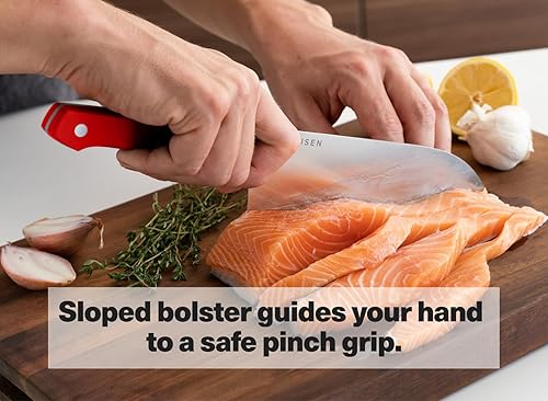 Vista 9 de Misen Cuchillo de chef japonés Santoku, acero inoxidable de alto carbono de 7.5 pulgadas, diseño clásico de cuchillo japonés para cortar, rebanar