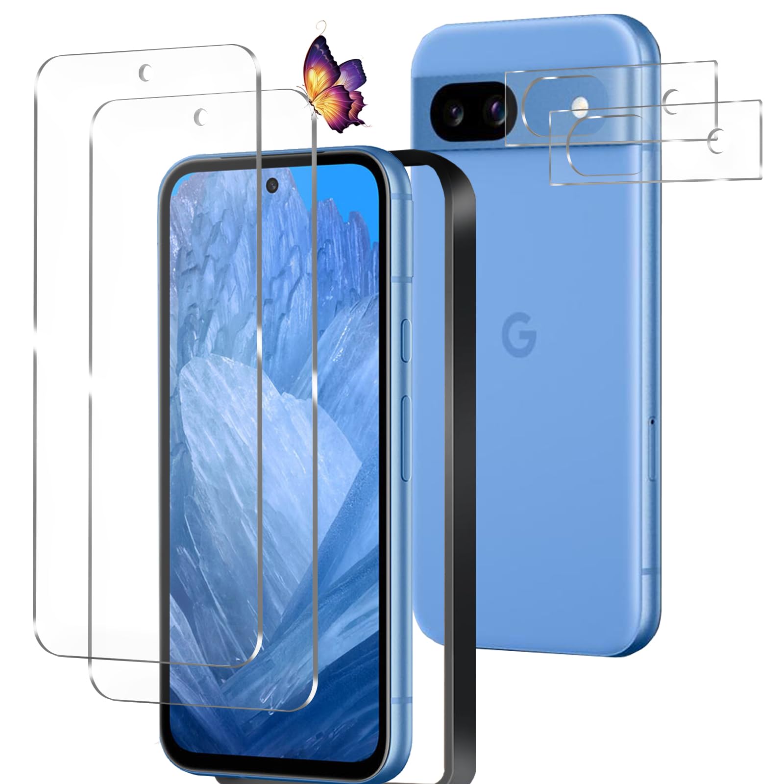 【2+2枚セット】Pixel 8a 用のガラスフィルム（2枚）+カメラフィルム（2枚）ピクセル8a 用の フイルム 強化液晶保護フィルム ワンタッチ貼付け/気泡ゼロ/ケースと干渉せず/硬度9H/飛散防止/指紋防止