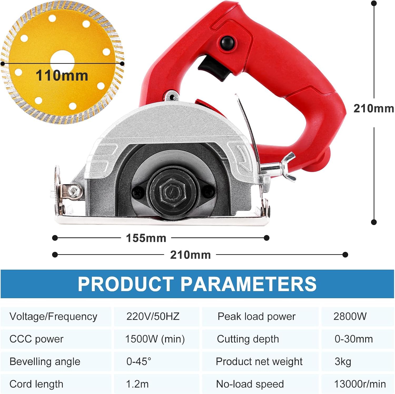 MXBAOHENG 2800W Cortadora eléctrica de azulejos 0-45 grados Sierra seca para azulejos Profundidad de corte 0-30mm Sierra eléctrica para azulejos con 3 cuchillas para cerámica/azulejos (cuchilla 110mm）