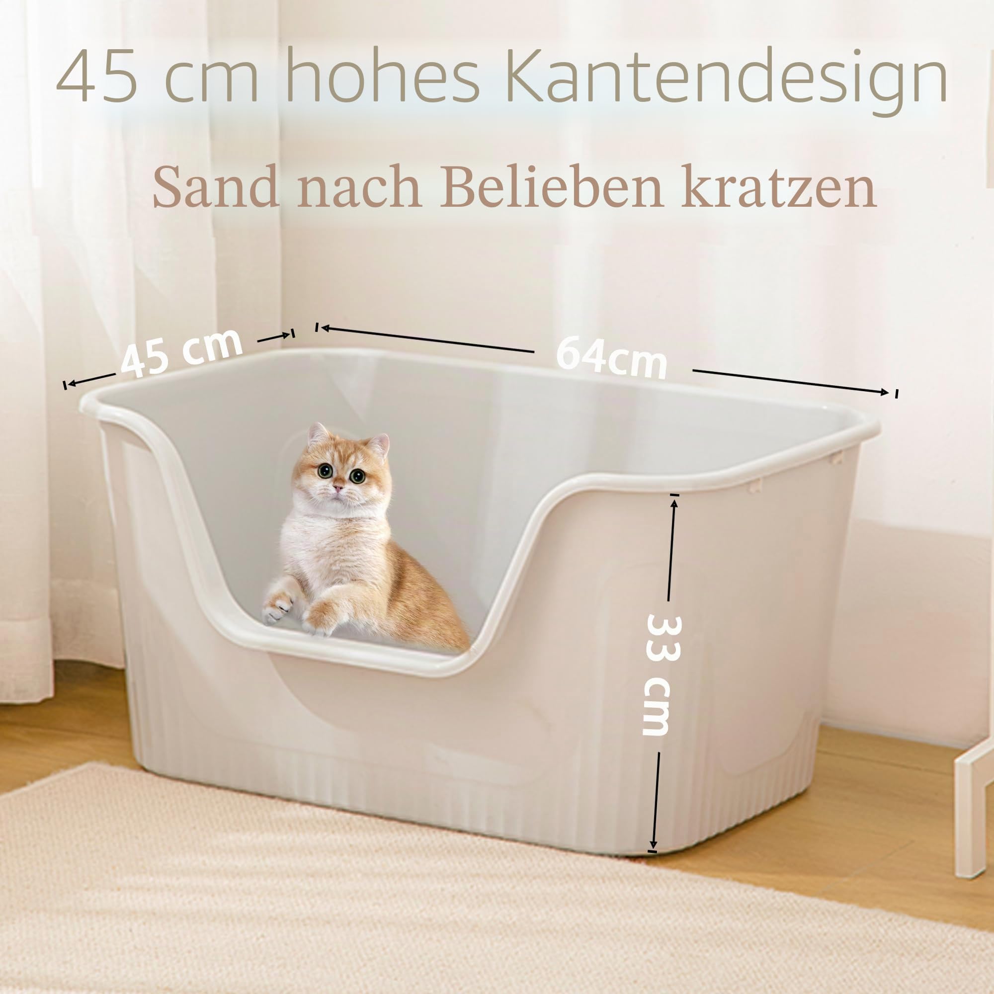 Vealind Extra große Katzentoilette mit hohen Seiten und niedrigem Einstieg, 64 x 45 x 33 cm, 100% auslaufsicher, Anti-Spritzer, XL (Grau)