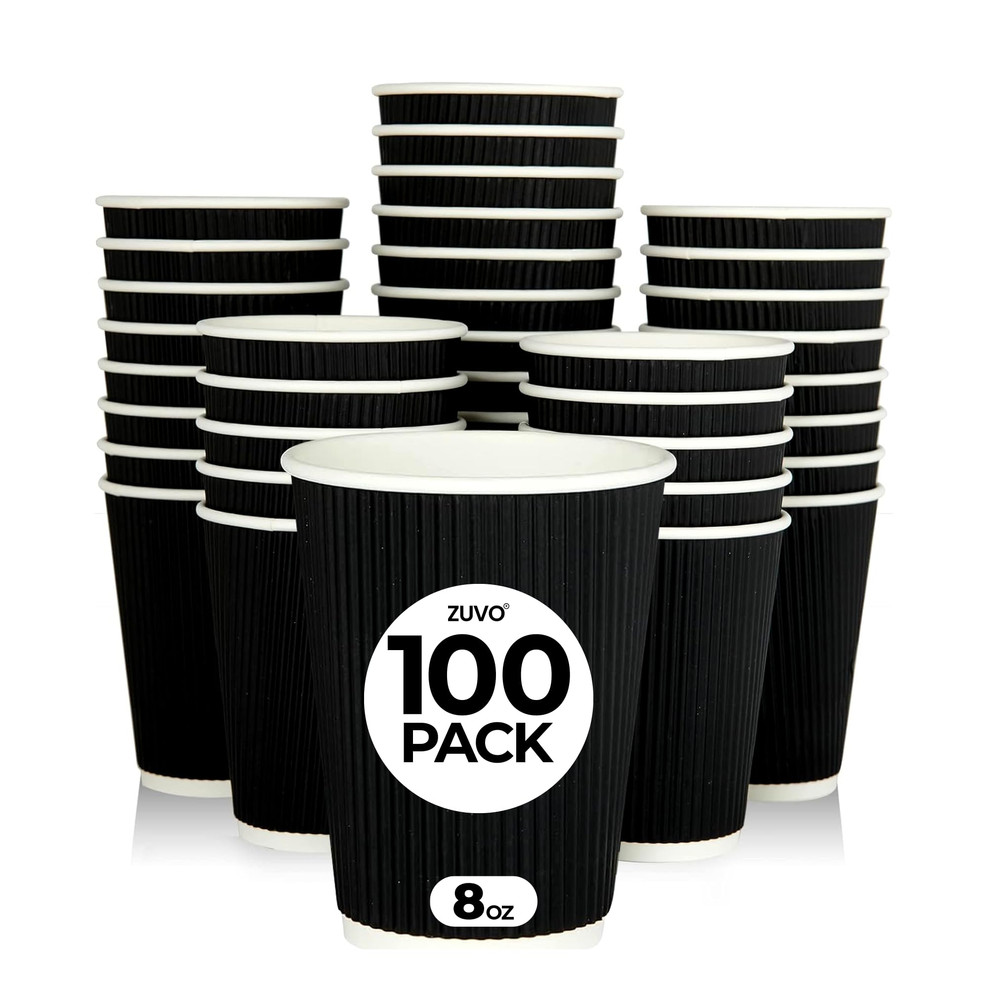 Zuvo Takeaway Coffee Cups 8 OZ - NO Lids - 100 Disposable Black Ripple Coffee Cups - Ideal for Takeaways