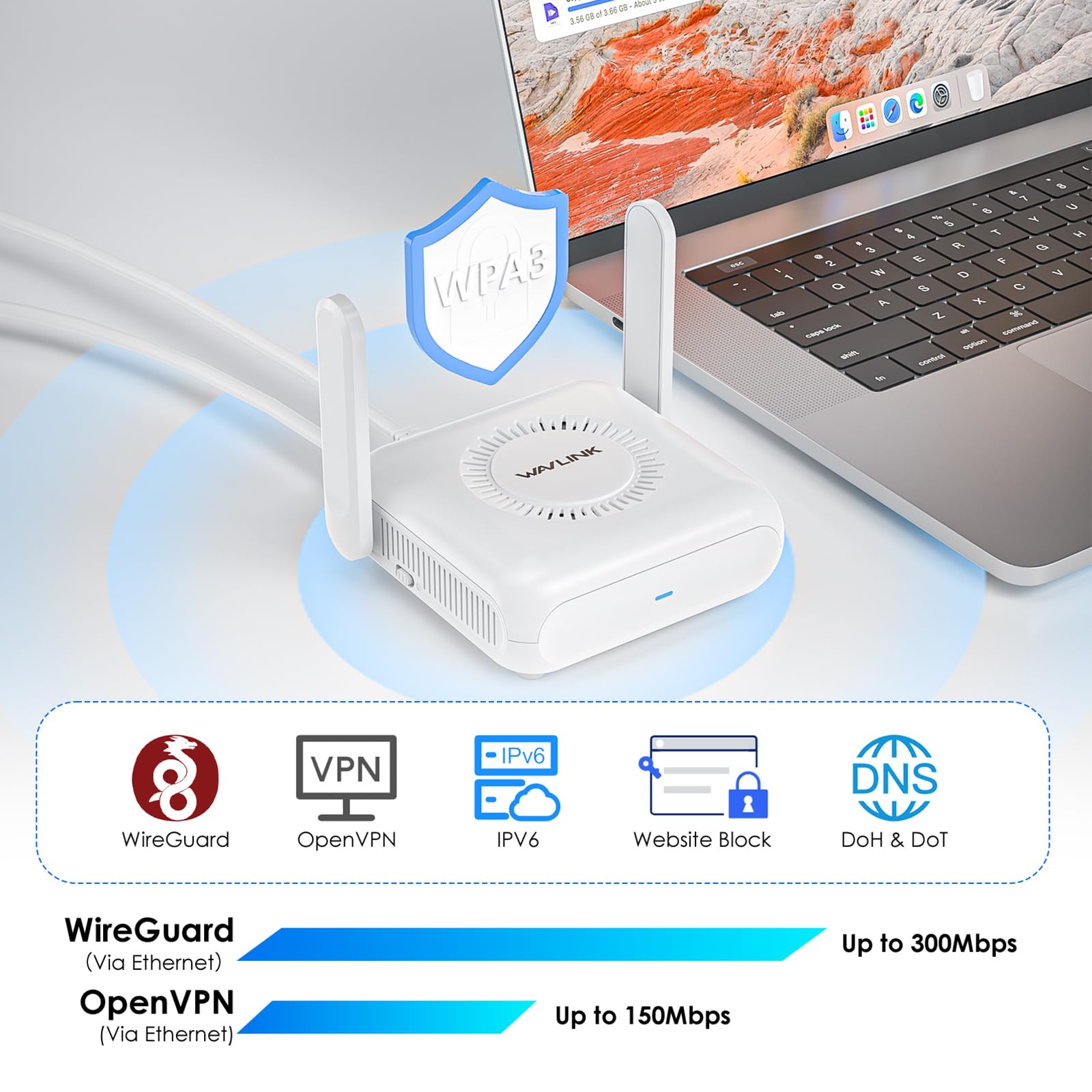 WAVLINK AX3000 Wi-Fi 6 Router portatile con alimentazione USB-C, VPN da viaggio, Gigabit LAN WAN, OpenVPN, WireGuard, ZeroTier, PPTP e L2TP