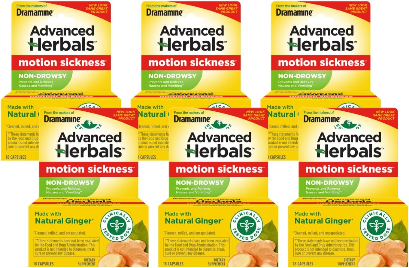 Dramamine Advanced Herbals Motion Sickness Relief, Non Drowsy, Natural Ginger Capsules, Prevents Nausea and Vomiting, Travel Sickness Relief, 18 Count (Pack of 6)