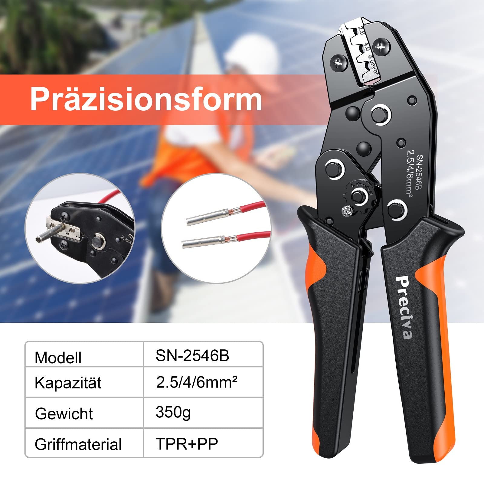 Preciva Pince à sertir solaire pour panneau solaire 2,5/4.0/6,0 mm² Câble PV