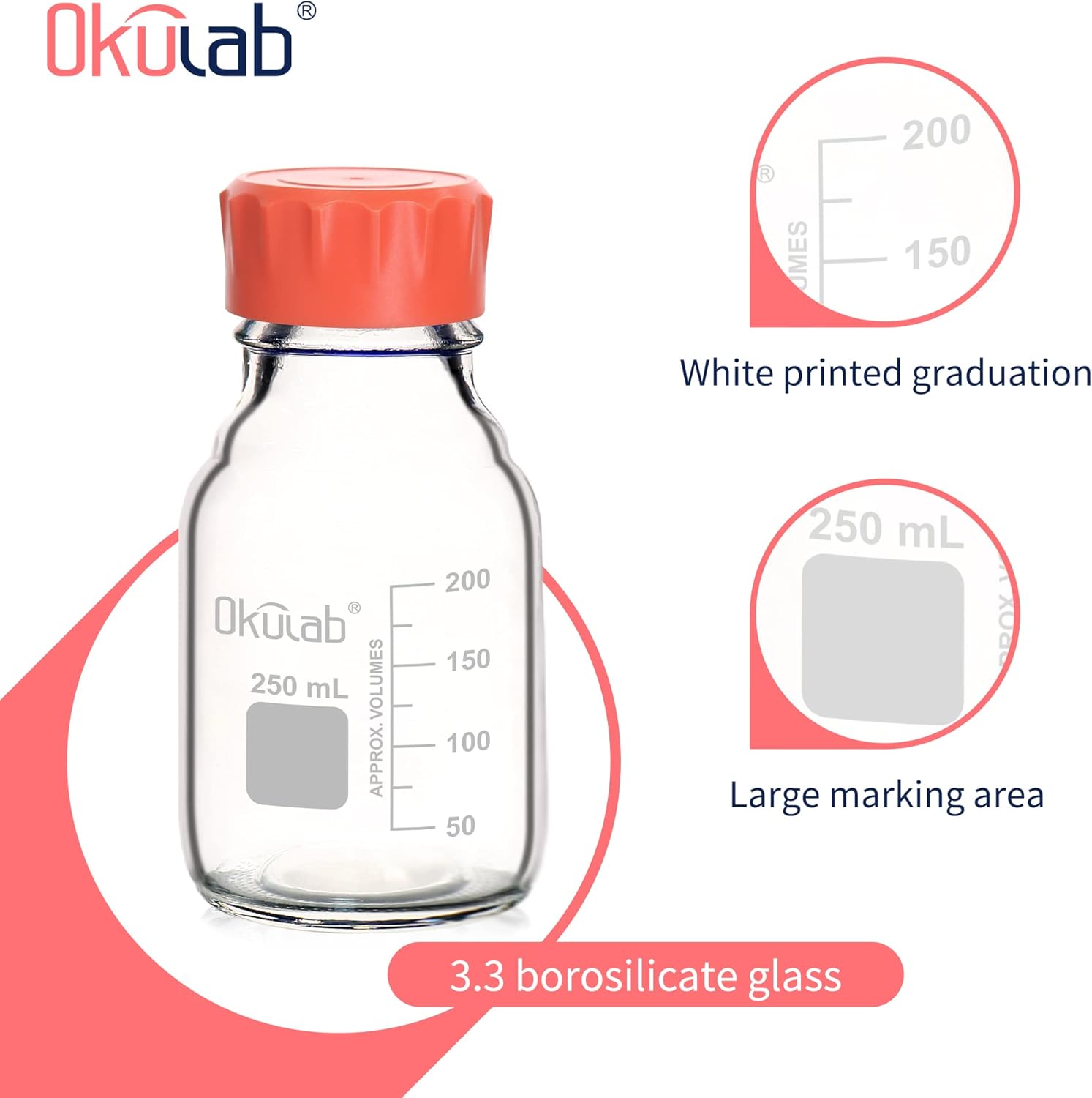 4pcs of 250ml(8.5oz) Round Media Storage Bottles, 3.3 Borosilicate Glass, with GL45 Screw Caps in PP Materia, GL45RB250A4
