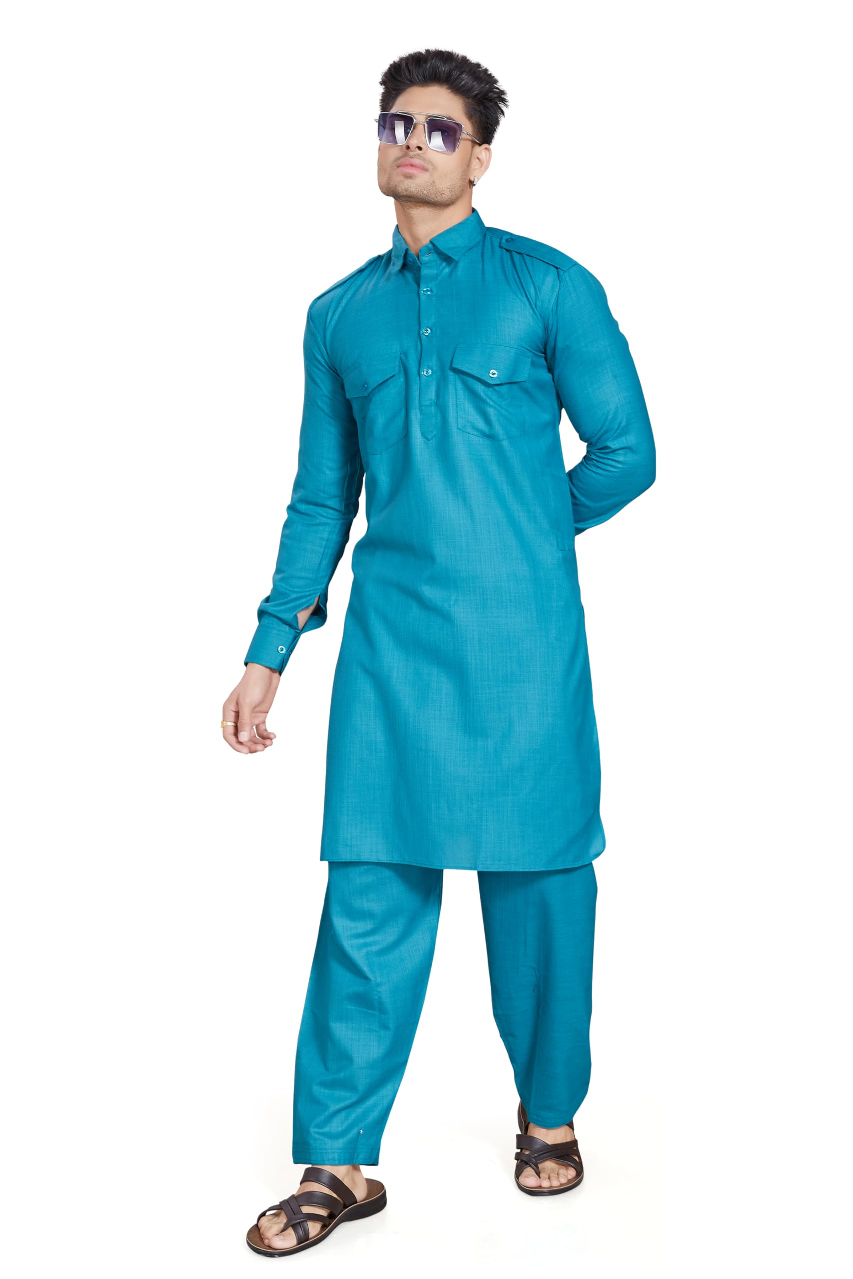 Divisive Men's Cotton Blend Pathani Kurta Pyjama Set (Dkrt457_Xxxl_Rama)