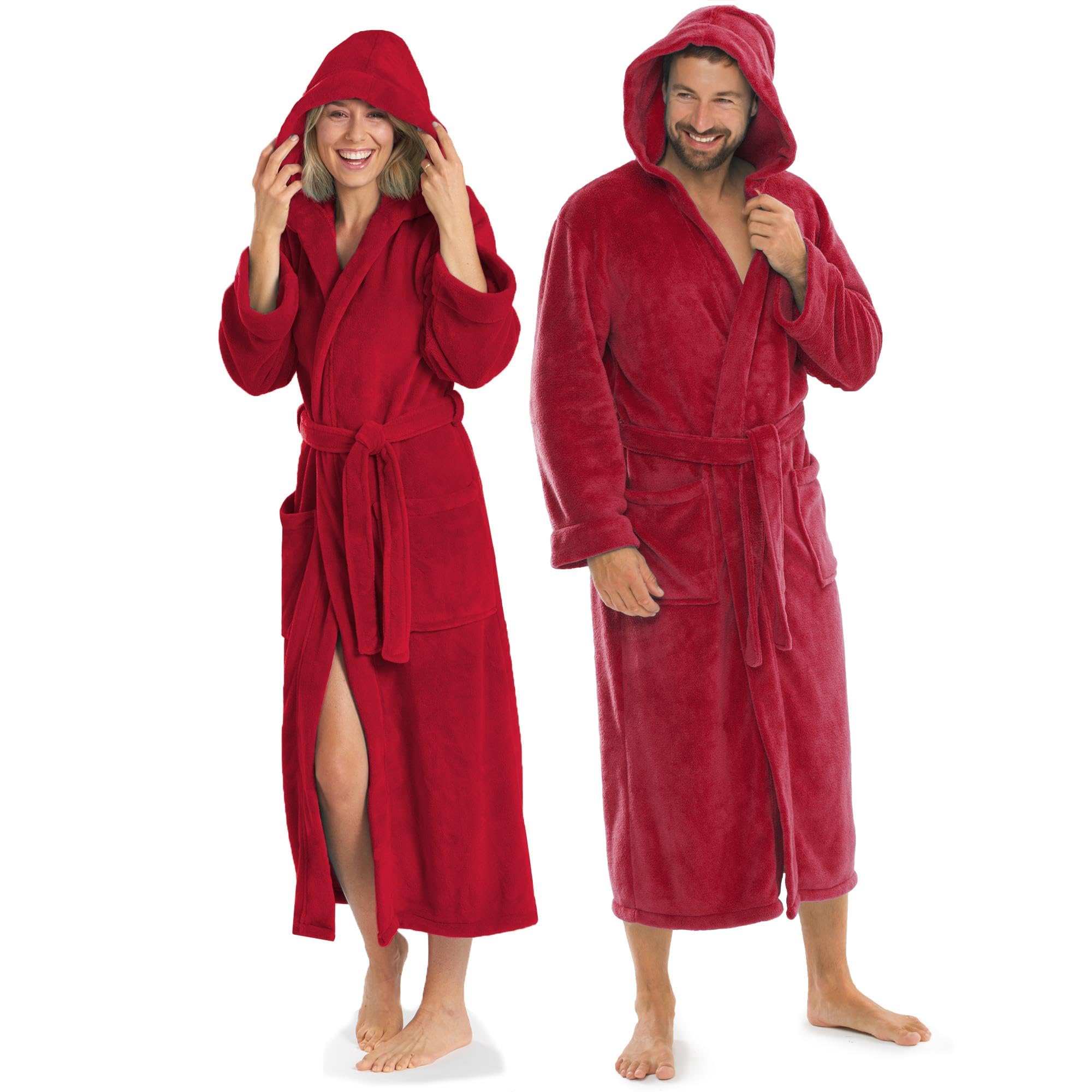 aqua-textil XS-XXXL Bademantel Kapuze Uni lang aufgesetzte Taschen Damen Herren Unisex Mikrofaser Kuschelfleece OEKO-TEX