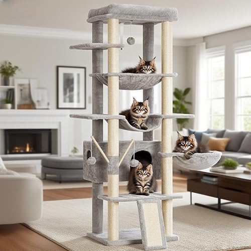 Heybly Cat Tree for Indoor Cats Large Adult with Big Platform, 68.1-inch Tall Cat Tower with Sisal-Covered Scratching Posts, Multi-Level Cat Condo Furniture with Hammocks, Light Gray HCT035W