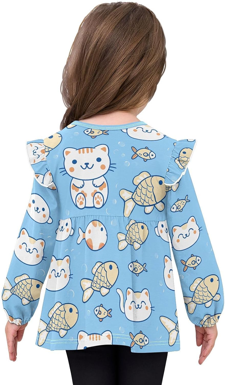 visesunny Toddler Clothes for Girls Cute Cat Cookie Fish Long Sleeve Fall Shirts Cotton Top with Ruffle Collar