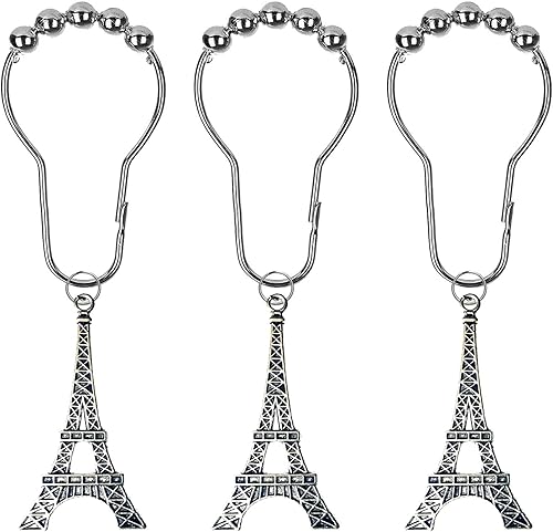 Miniatura 2 de YYC - 12 anillos de cortina de ducha con diseño de torre Eiffel a prueba de óxido, ganchos decorativos para cortina de ducha para baño (plateado)