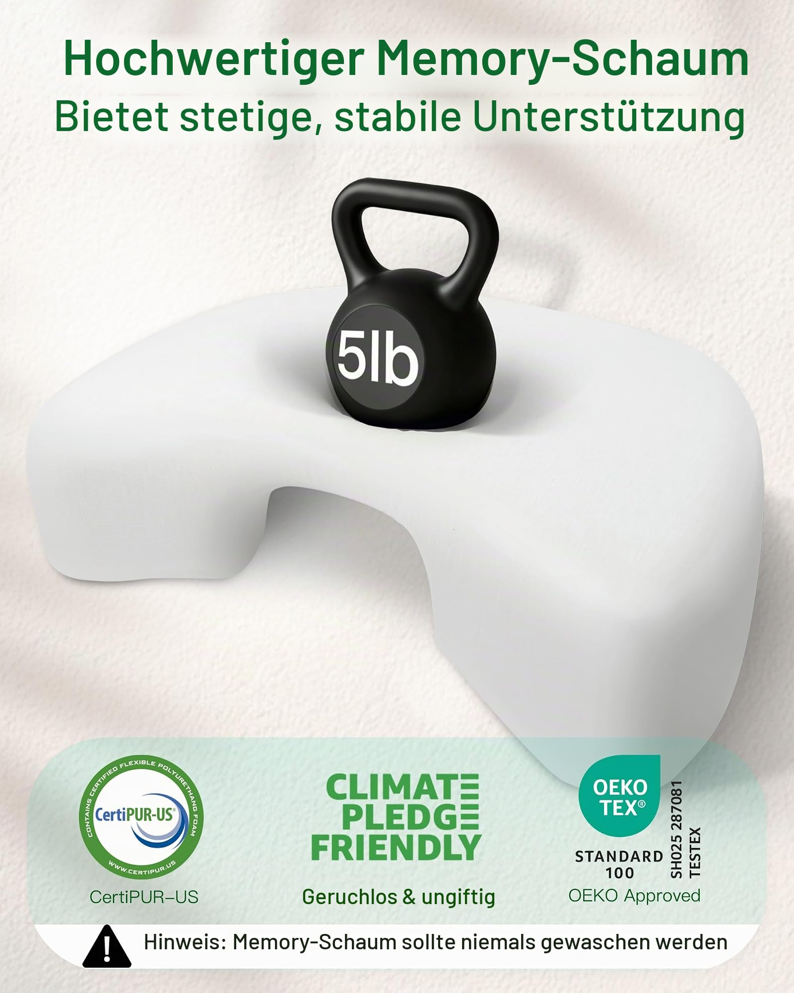 Seitenschläferkissen Memory Foam mit Armloch, 55/38x35.5x15cm | Speziell für Seitenschläfer zur Druckentlastung für Schultern & Arme, Mittelfest, CertiPUR-US Memory-Schaum, OEKO-TEX Stoff