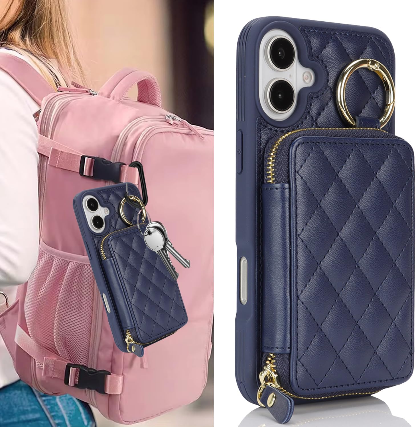 for iPhone 17 Case Wallet with Card Holder,for iPhone 17 Phone case Wallet with Zipper with Slot Kickstand Stand Case for Women and Man 5G 6.3 Inch-Blue