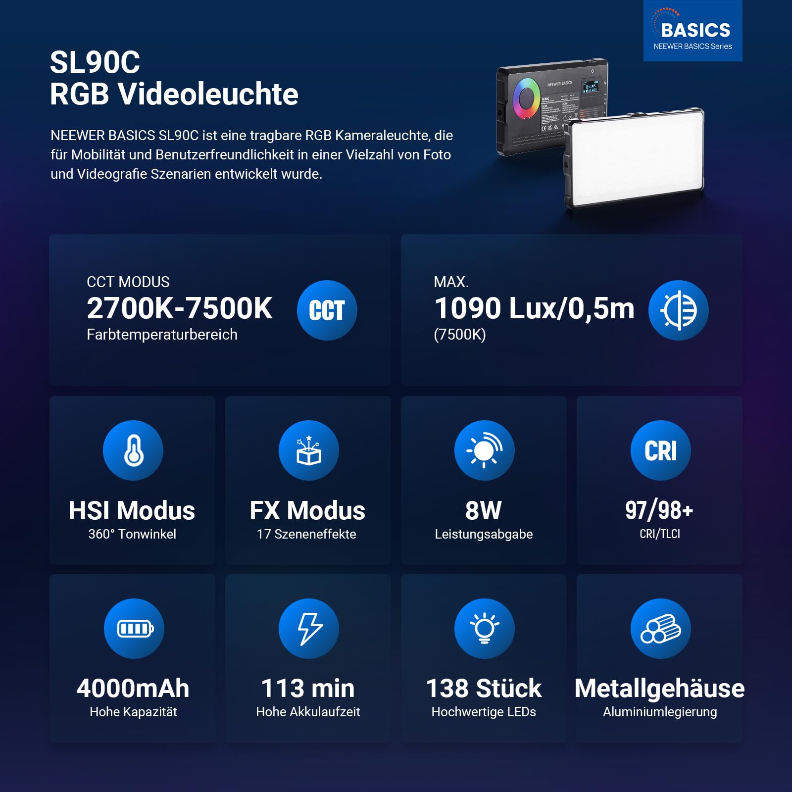 NEEWER Basics SL90C Voll RGB LED Kamera Videolicht mit Tischstativ | 8W, CRI97, 2700K-7500K, 17 Scenes, 4000mAh, Metall Tragbares kleines LED Panel Licht, DSLR Streaming Fotografie Lighting