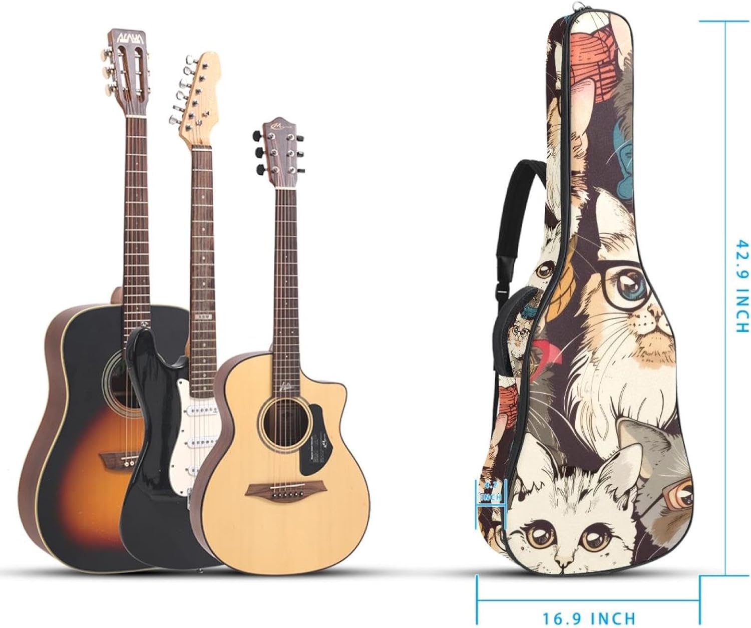 40 41 42 Inch Guitar Bags, Waterproof Padded Acoustic Guitar Case Backpack with Adjustable Shoulder Strap & Pockets, Hipster Cute Cats
