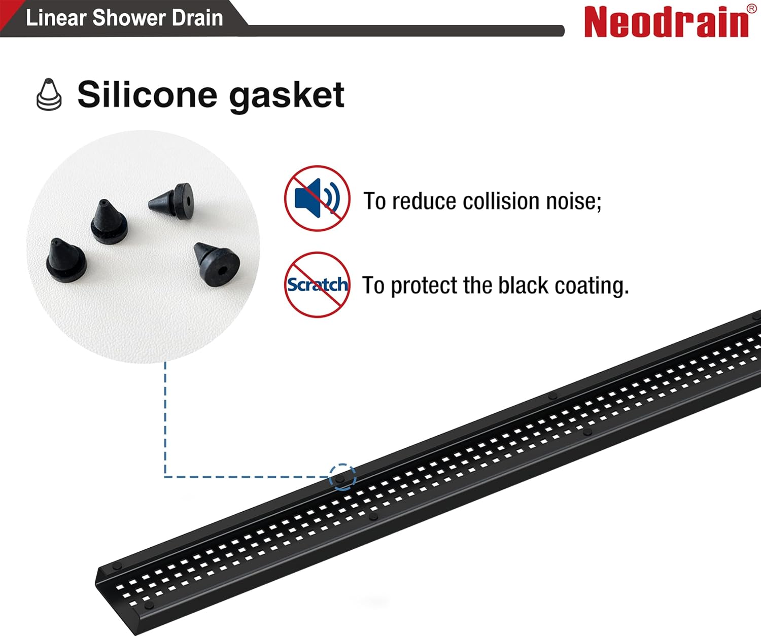 Neodrain 60-Inch Black Linear Shower Drain with Removable Quadrato Pattern Grate,Professional 304 Stainless Steel Rectangle Shower Floor Drain Manufacturer,Leveling Feet,Hair Strainer,Matte Black
