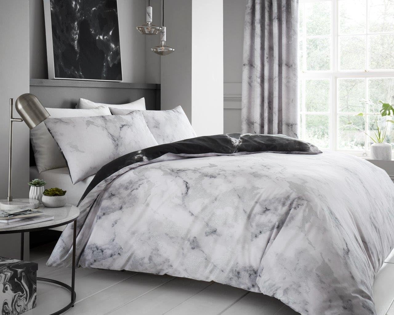 Cavailia Luxurious MARBLE Bed Set with Duvet Cover and Pillow Cases, Polyester-Cotton, White, Double, white-marble