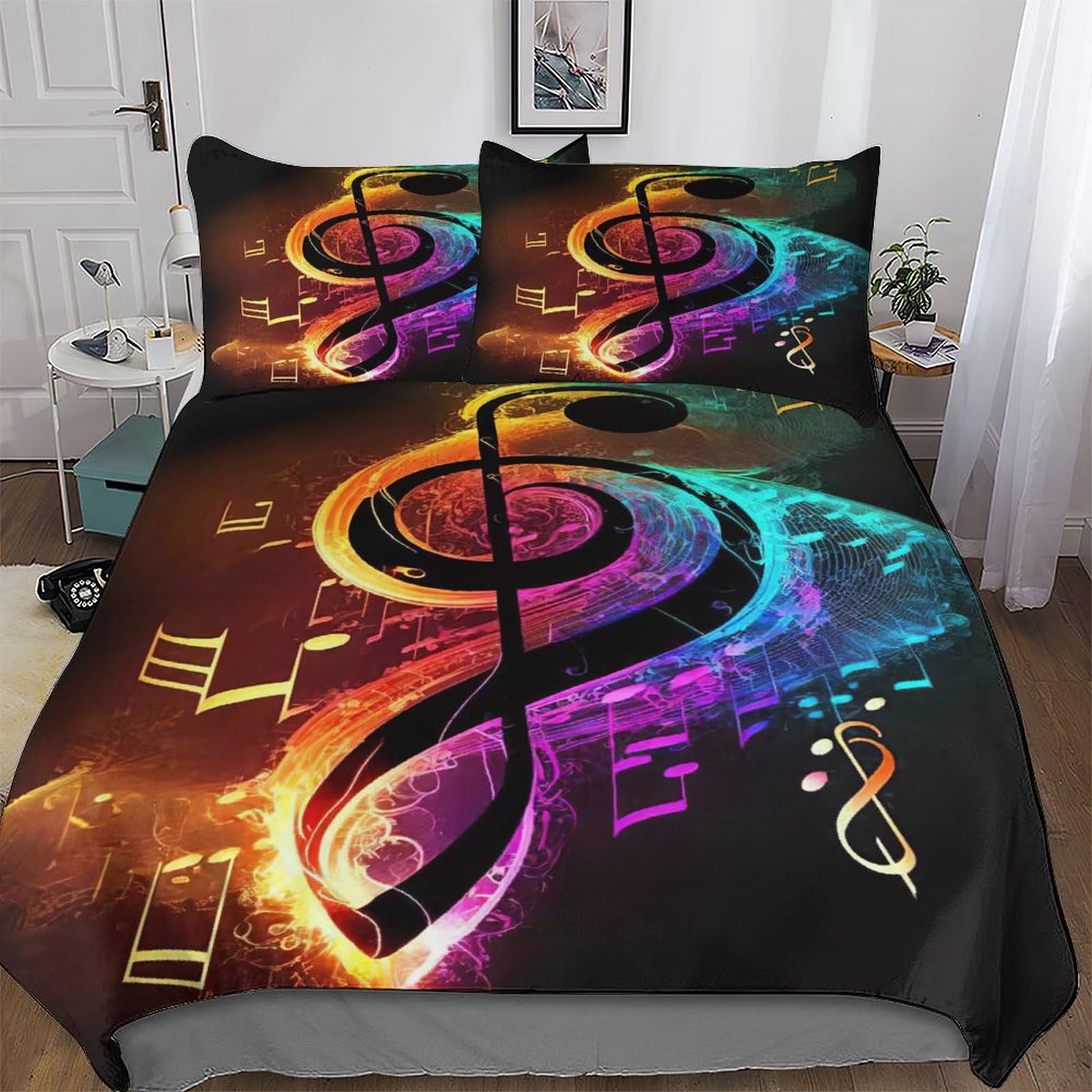 Housse de couette musique néon 220x240cm facile à laver avec zip pour lit king size sans plis