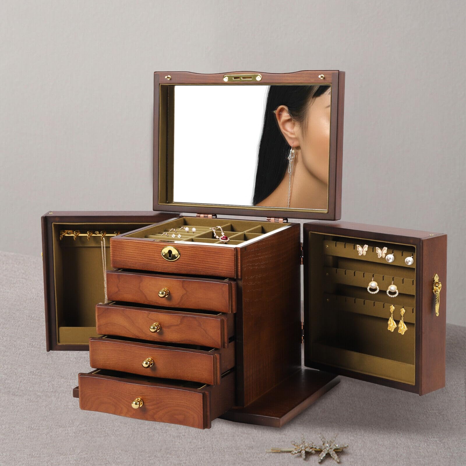Sieradendoos, houten juwelendoos voor vrouwen met spiegel, 5 laden, fluwelen sieradenorganizer, grote sieradenetui voor oorbellen, armband, sieradenhouder (A 32 x 20,5 x 25 cm