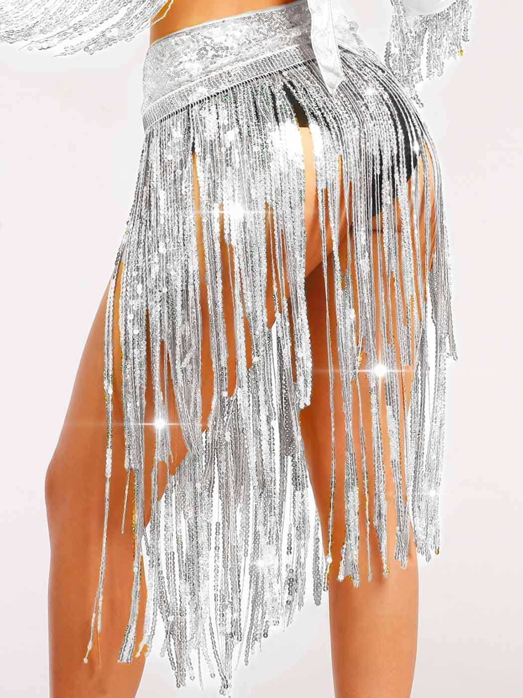 Aukmla Sequin Fringe Outfits Belly Dance Skirt Set Rave Carnival Costume Skirt with Top and Gloves for Women - Image 5