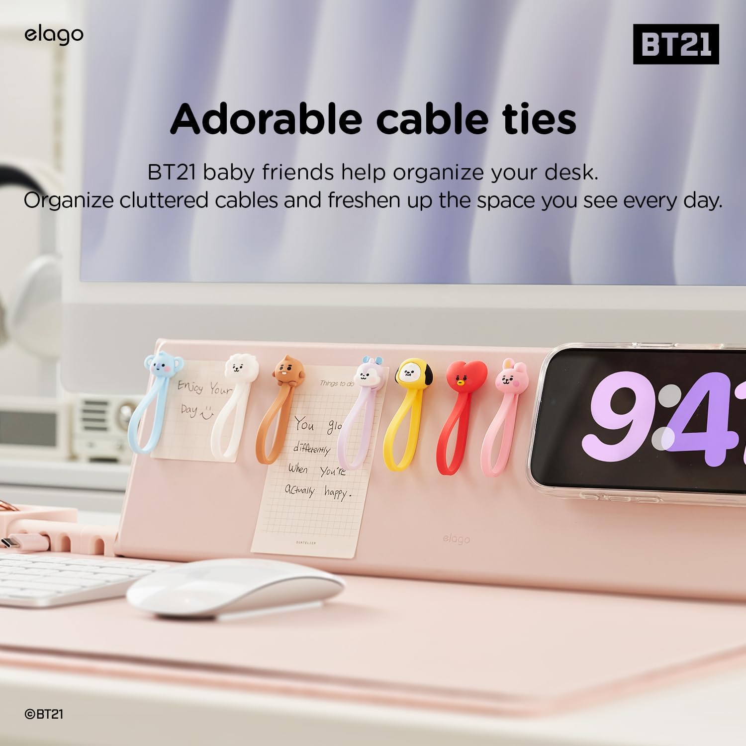 elago | BT21 Magnetic Cable Ties, Premium Silicone Cord Organizer, Reusable Magnetic Cable Organizer [Official Merchandise] (COOKY)