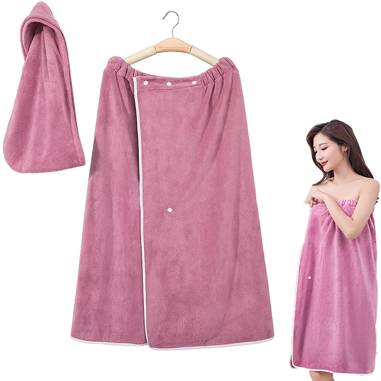 Wearable Towels for Women, Adjustable Microfiber Towel Dress with Hair Towel, Quick-Dry Off Shoulder Bath Wrap Set for Shower, Spa, Sauna, Pool, Travel (Purple-A)