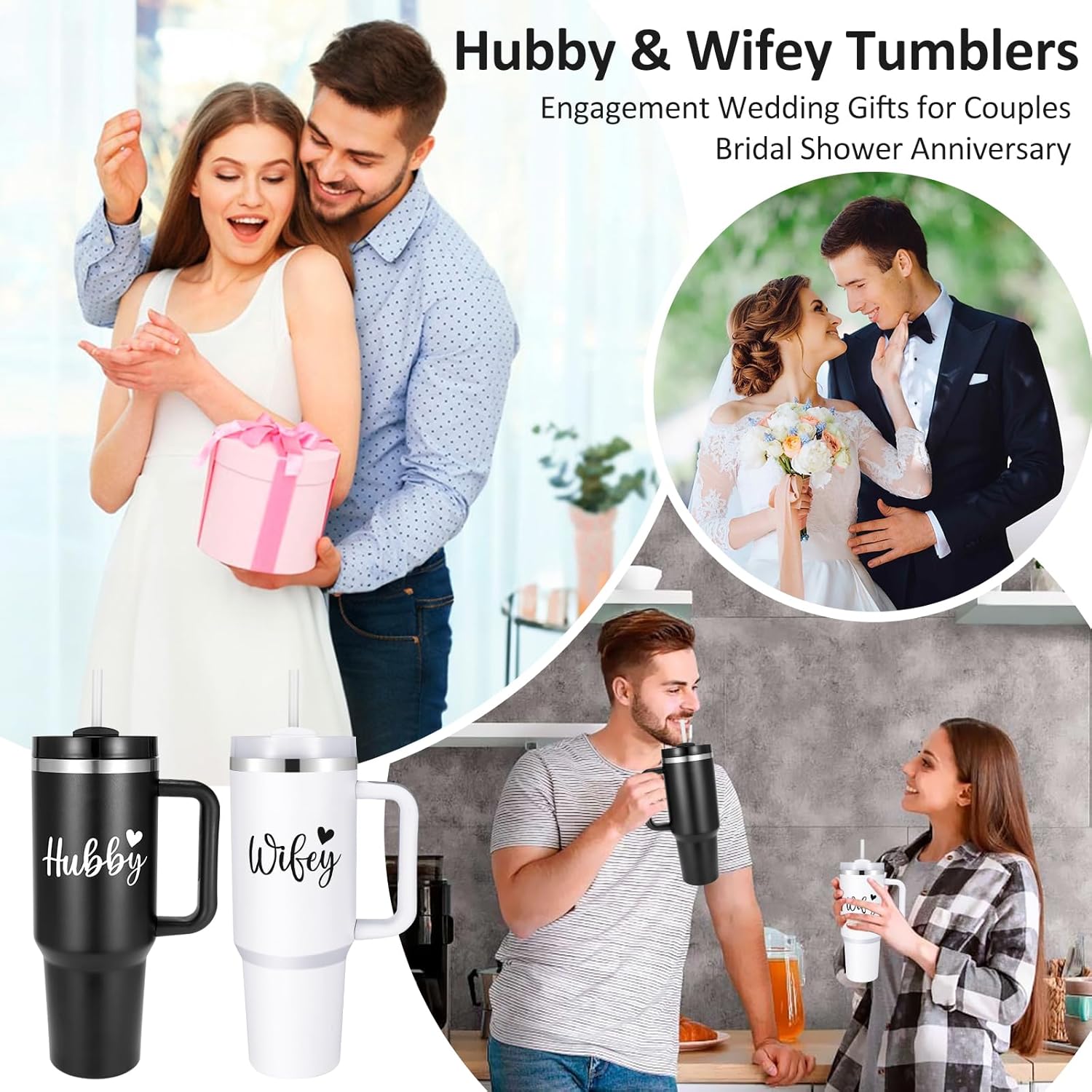 Wifey & Hubby Tumblers Set for Couples, Bride & Groom Stainless Steel Insulated Tumbler with Straw & Handle, 40 oz Travel Mug Tumbler for Engagement Wedding Gifts, Cups for Bridal Shower Anniversary - Image 2
