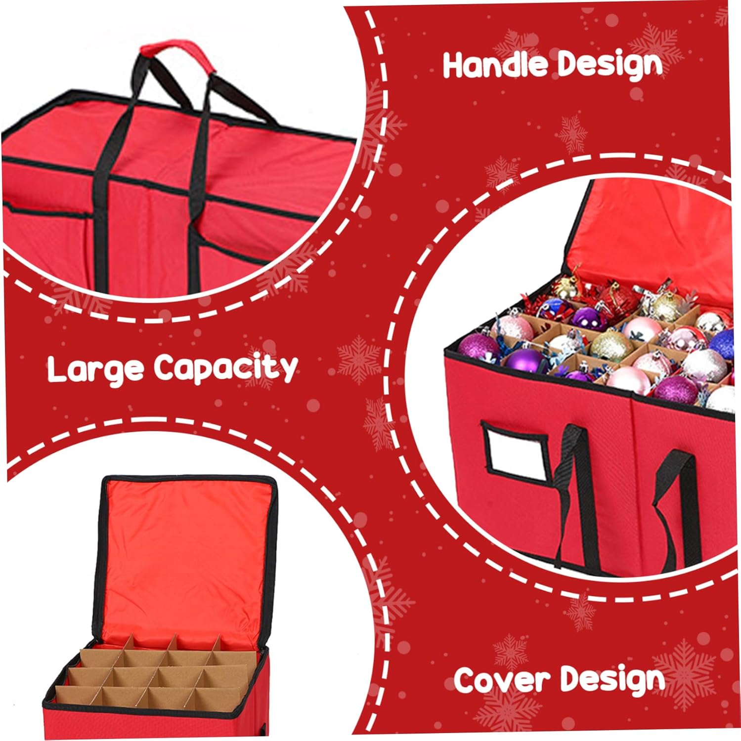 Christmas Ornament Storage Box with Dividers 24x12inch, Ornament Storage Box Zippered Closure and Handle for Bauble Holiday Decorations Style-2