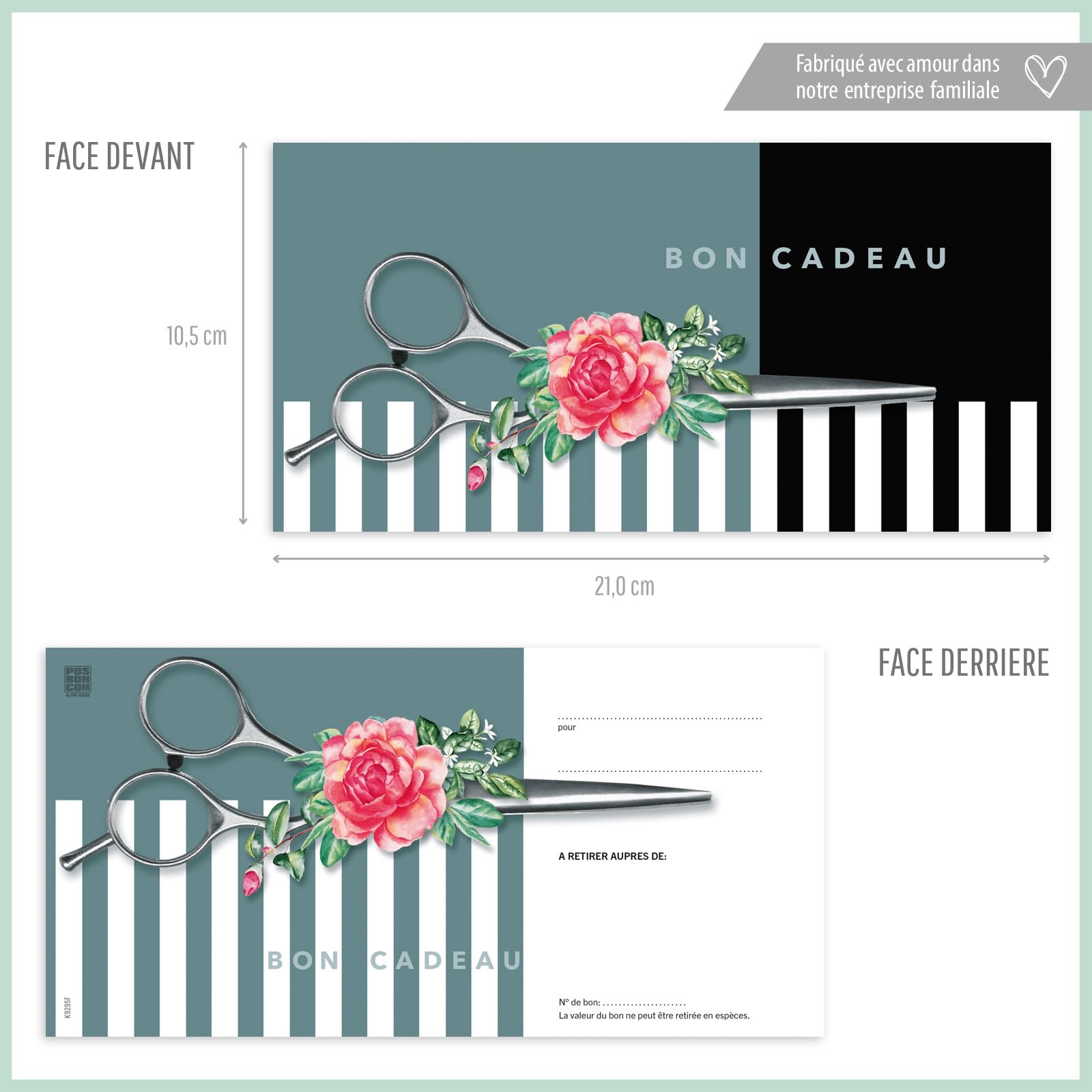 POS BON. 100 formulaires pour créer vos propres bons cadeaux + enveloppe + nœuds ruban, pour des salons de coiffure. K9295F2-100-V2