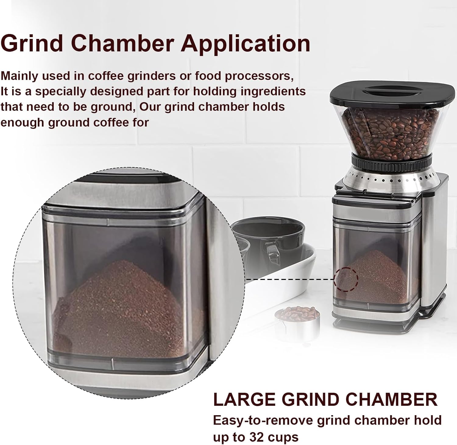 DBM-8GC Grind Chamber With Lid Replacement for Cuisinart DBM-8P1 etc Grinder, Fit Coffee Grinder, Food Processor Replacement Parts, Clear Round Flip Top Design - Dishwasher Safe