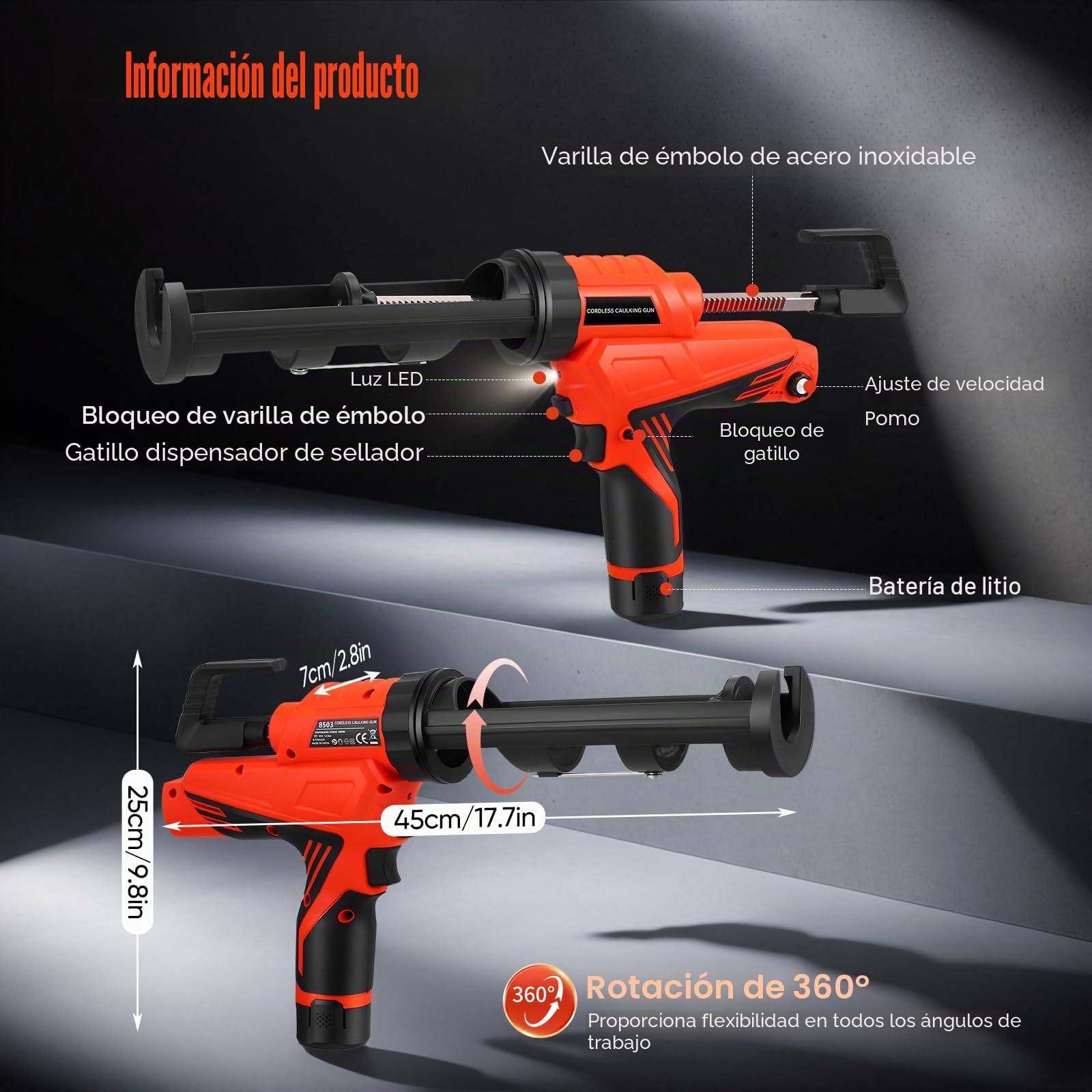 Pistola eléctrica de cartuchos con batería, pistola de cartuchos de 12V con 2 baterías, luz LED y 6 velocidades ajustables, pistola eléctrica de cartuchos de 300ml para sellado y masilla
