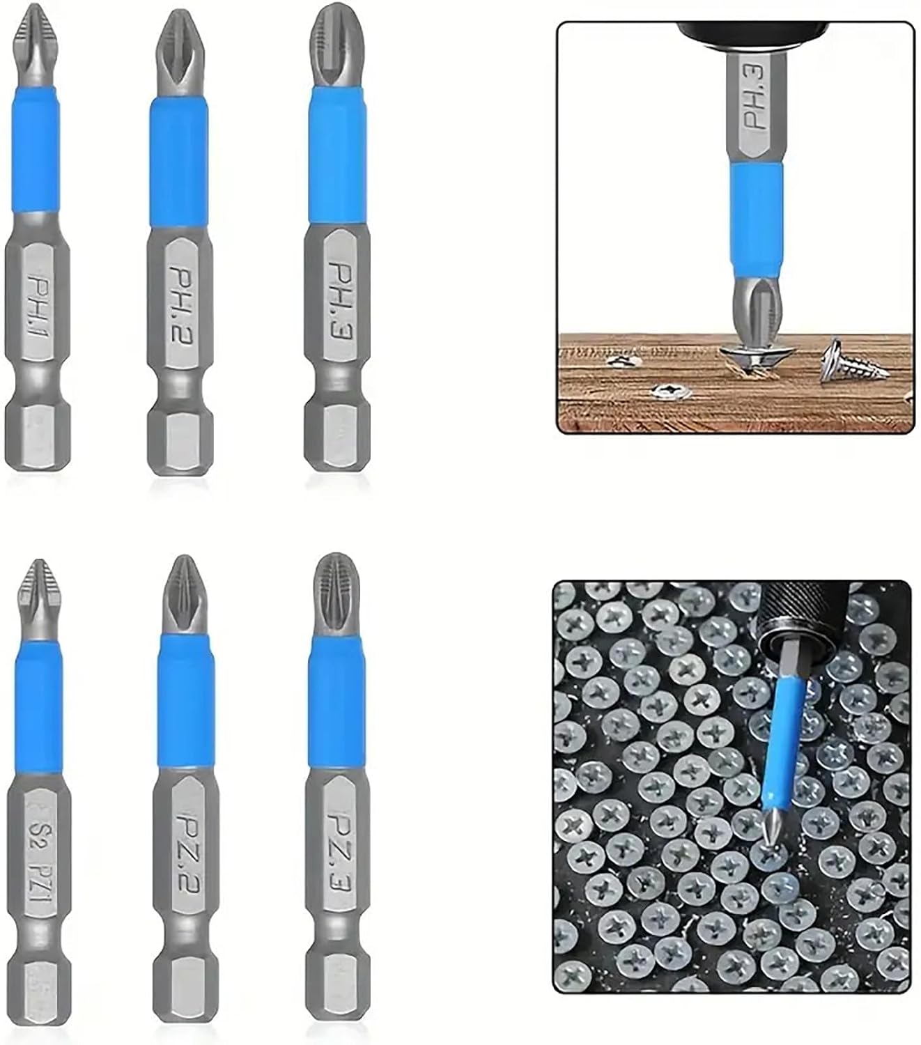 6PCS Magnetic Anti-Slip (PH1, PZ1, PH2, PZ2, PH3, PZ3), 50mm Length, 1/4” Hex Shank, Single Head Drill Bits for Electric Screwdrivers