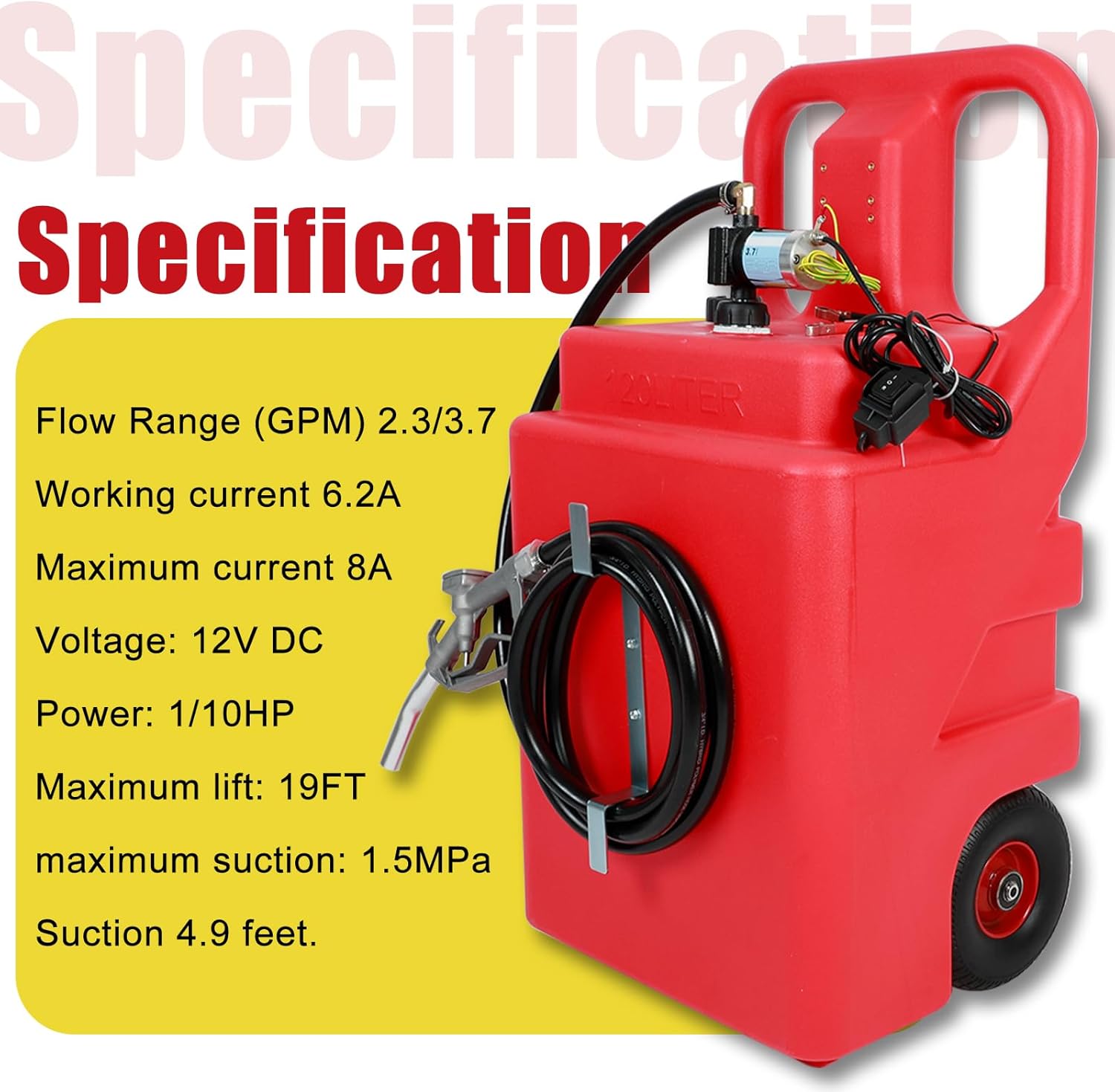 Portable Fuel Tank Caddy,32 Gallon portable fuel tank with pump On-Wheels,with 12V DC 3.7GPM，Gasoline Diesel Fuel Container with Manual Transfer Pump for Cars, Lawn Mowers, ATVs-120L Red