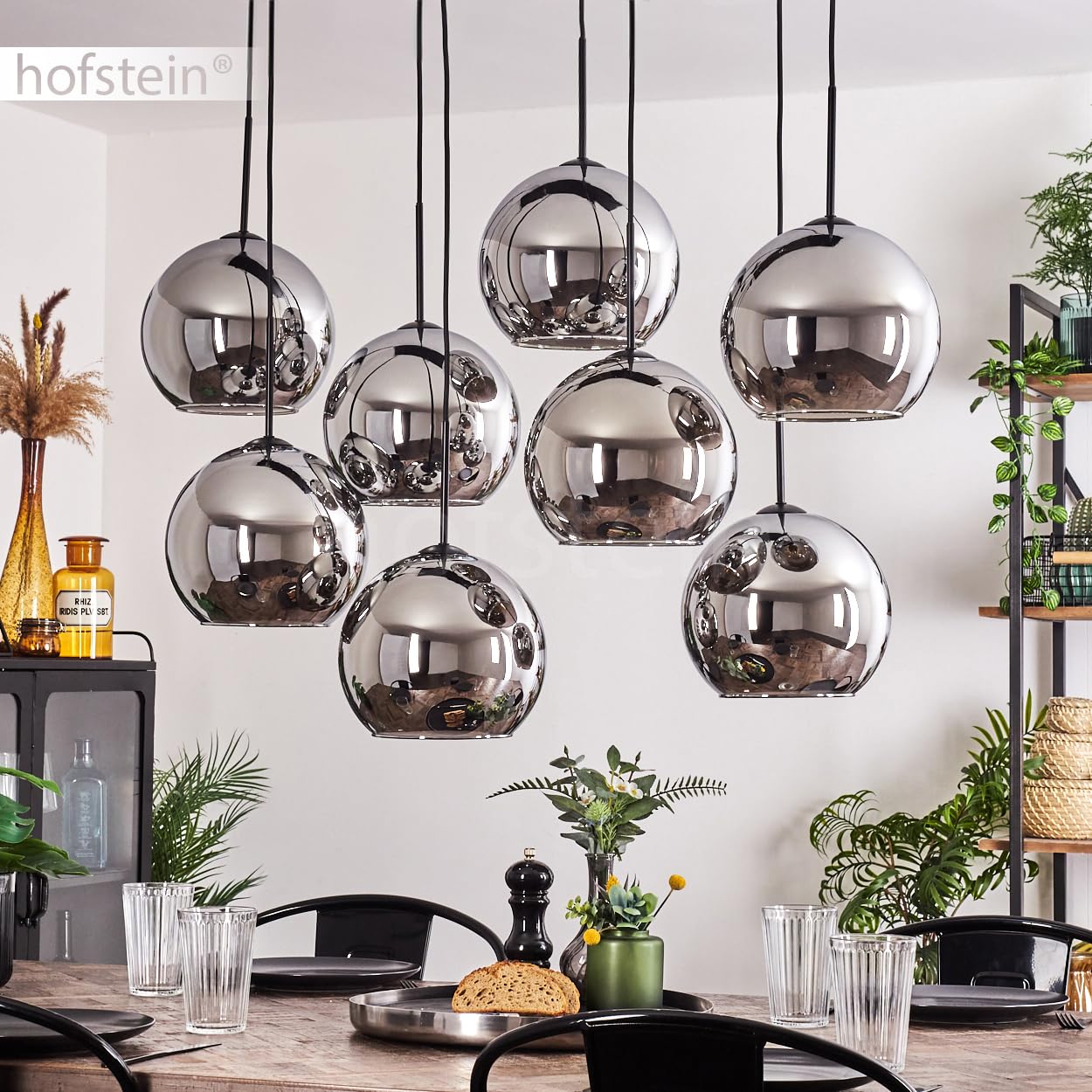 HOFSTEIN Lampadario a sospensione Koyoto a 8 luci in metallo/vetro nero/cromo/fumo, moderno lampadario in stile retrò/vintage, Ø ombrelloni 25 cm, E27, sala da pranzo, cucina, soggiorno