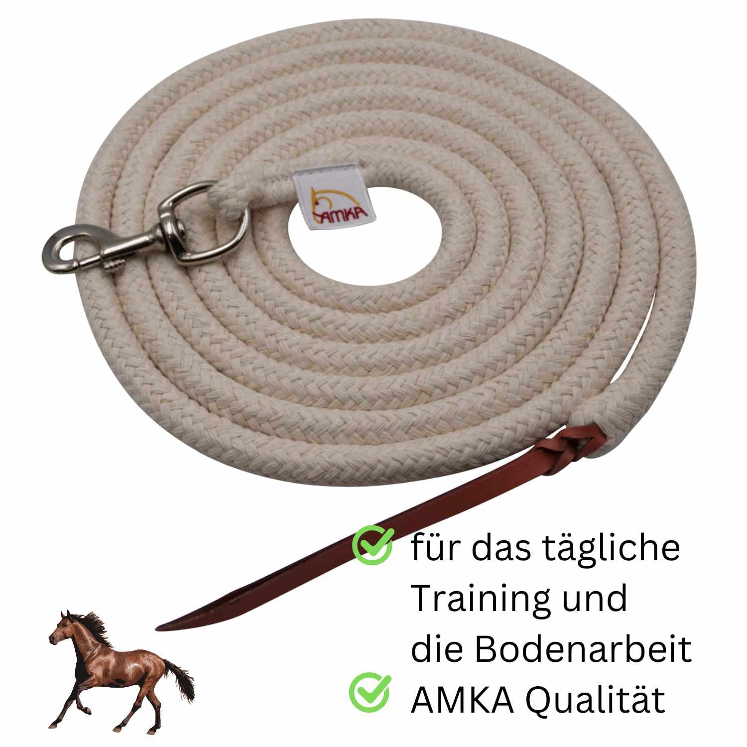 AMKA - Corda per pavimento in cotone con scacciatoia in pelle, 4,25 m, con moschettone, corda western