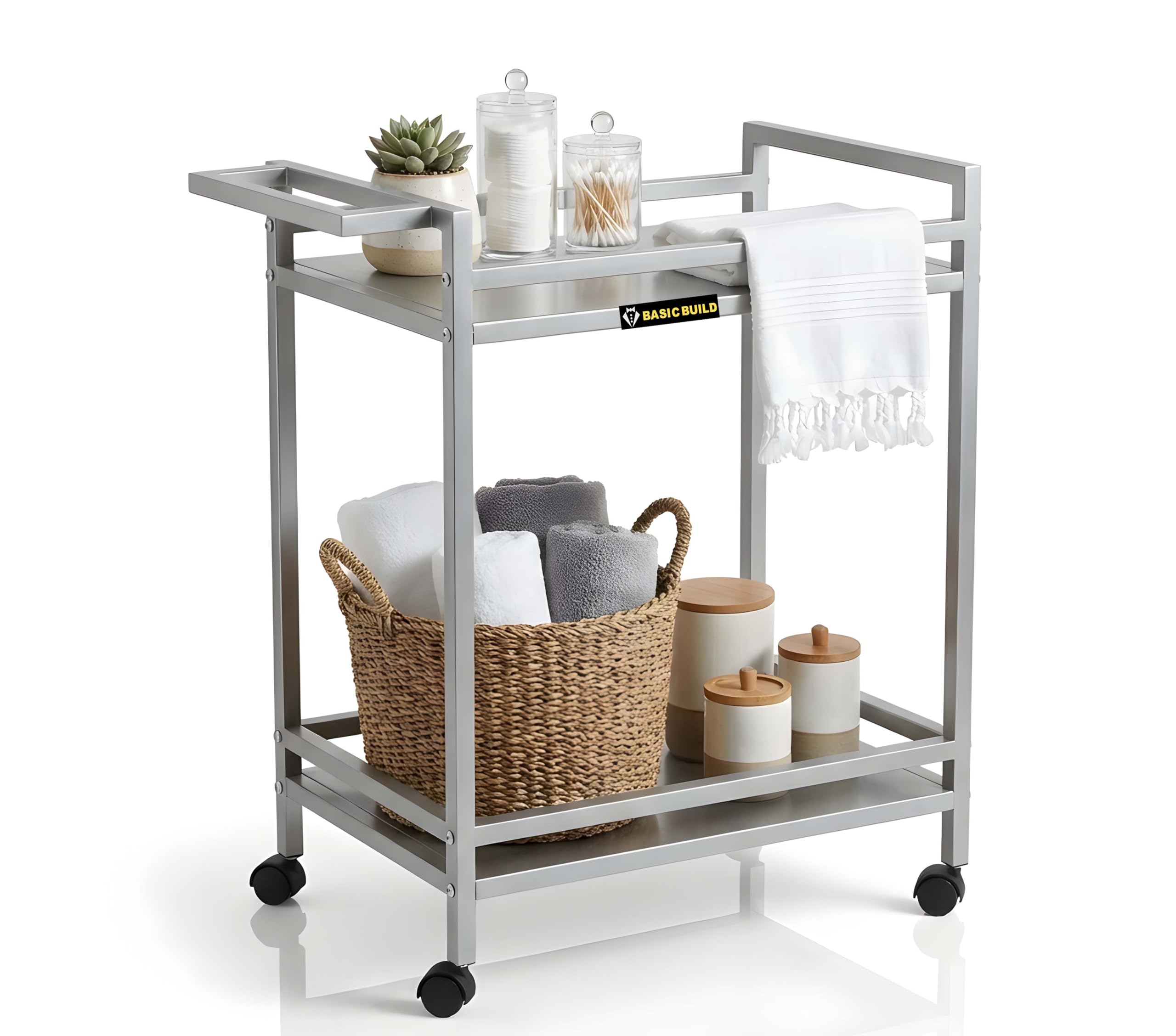 Basic Build Heavy Duty Multipurpose Rolling Trolley | 2 Tier Metal Storage Cart with Smooth Wheels for Home & Office Use Silver-picture-11