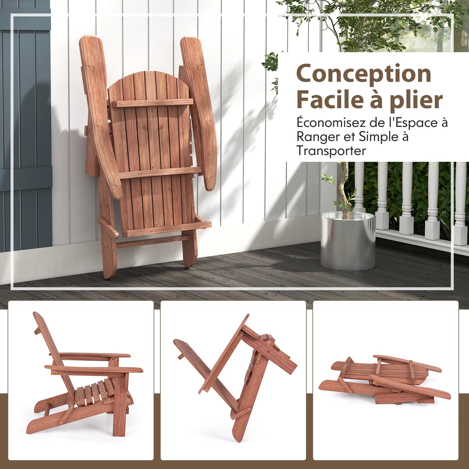 COSTWAY Chaise Adirondack en Bois de Sapin, Chaise de Jardin Exterieur Pliable, Siège à Lattes, Dossier Incliné et Haut, Fauteuil Exterieur pour Jardin Pisine Terrasse, Charge 180 KG, Marron