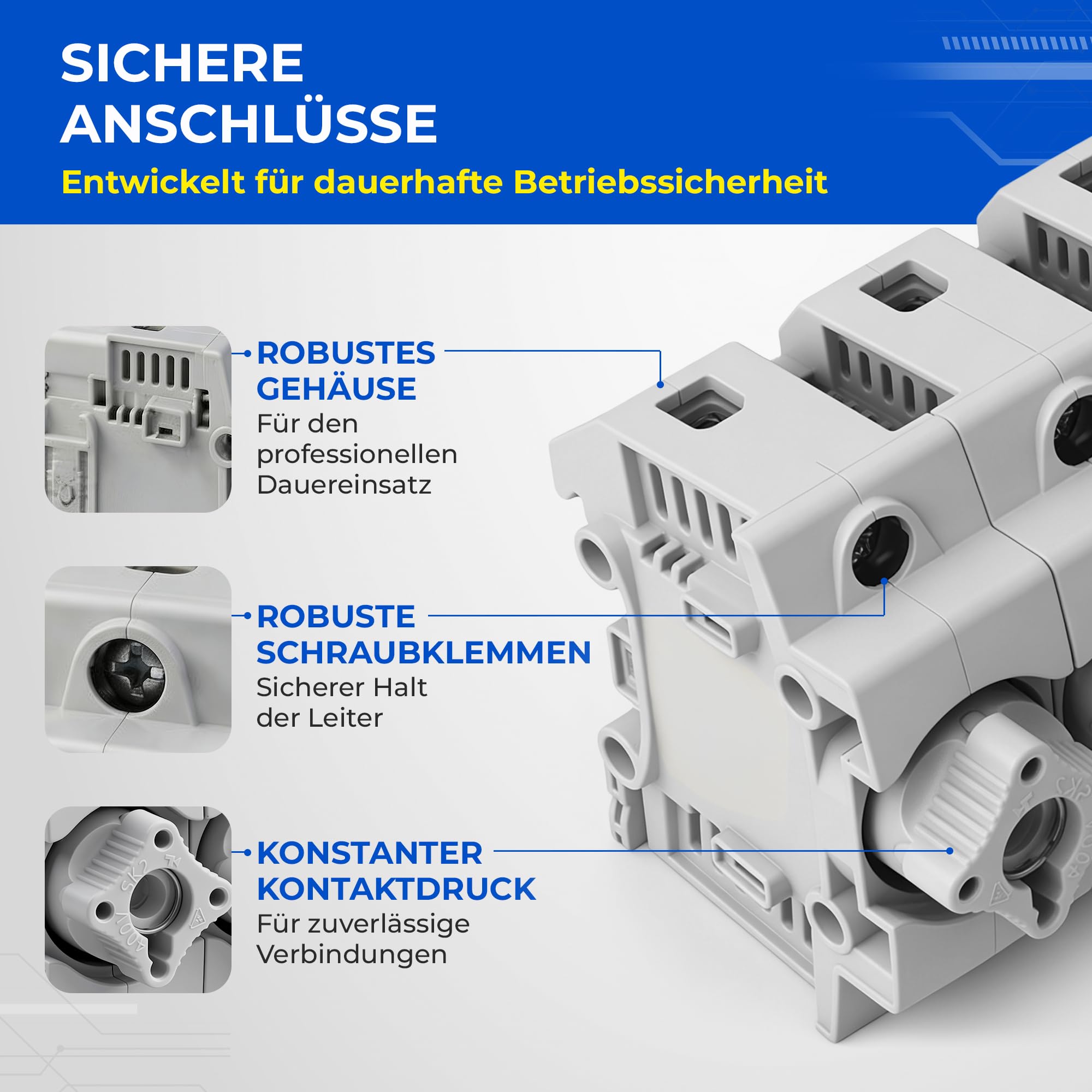 grenda-hammer® | Neozed Sicherungssockel mit Schraubkappen und 3x Schmelzsicherungen (D02-3x63 Ampère (kupfer))