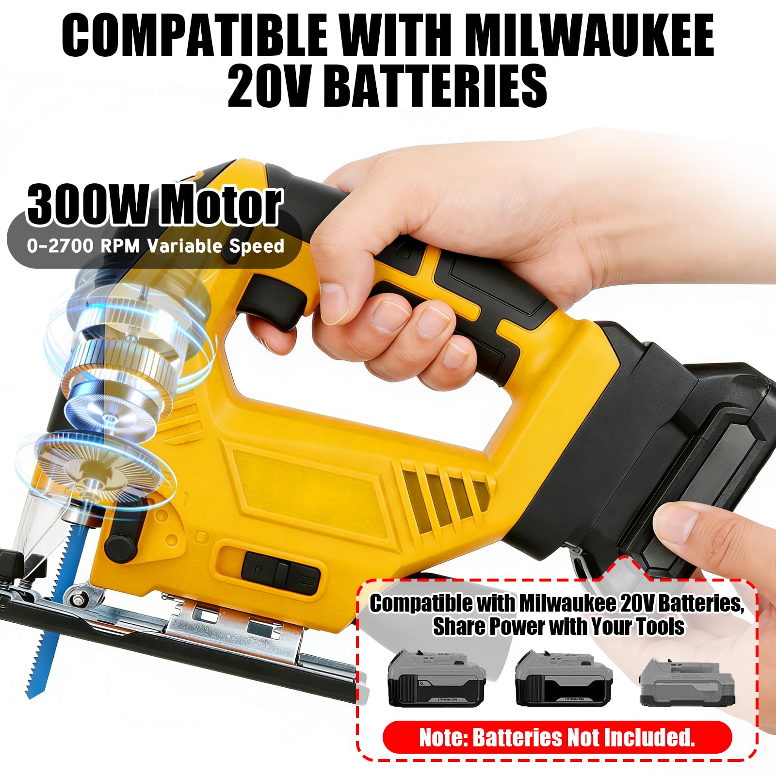 Scie Sauteuse Sans Fil 20V, Scie Sauteuse Électrique 300W avec Vitesse Variable 0-2700 tr/min et Biseau 0-45°, Réglage à 4 Vitesses, Compatible avec Dewalt, avec 15 Lames (Batterie Non Incluse)