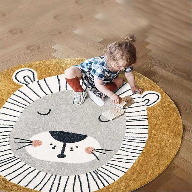 Lion Kids Playmat,Super Soft Faux Kids Rug Thick Round Baby Play Mat Anti-Slip Cartoon Animal Baby Floor Mat(80cm Dia)