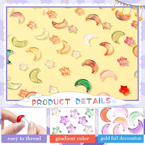 Miniatura 3 de Suzile 200 cuentas de luna, cuentas de estrella de 0.630 in, cuentas de cristal de luna creciente, dijes de luna de 0.394 in, cuentas espaciadoras
