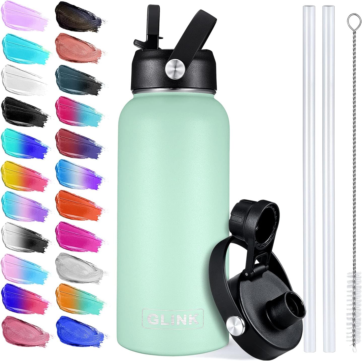Glink Stainless Steel Water Bottle with Straw, 12-64 oz Wide Mouth Double Wall Vacuum Insulated Water Bottle Leakproof, Straw Lid and Spout Lid with New Rotating Rubber Handle