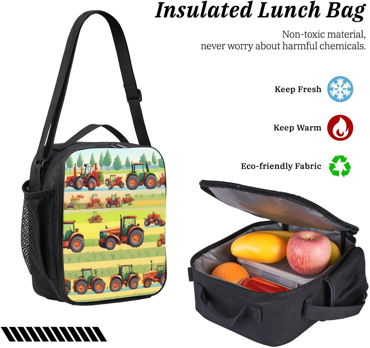 tractor farming print 3PCS Backpack for Men Women Aesthetic 17 Inches Bookbag with Lunch Box Pencil Bag