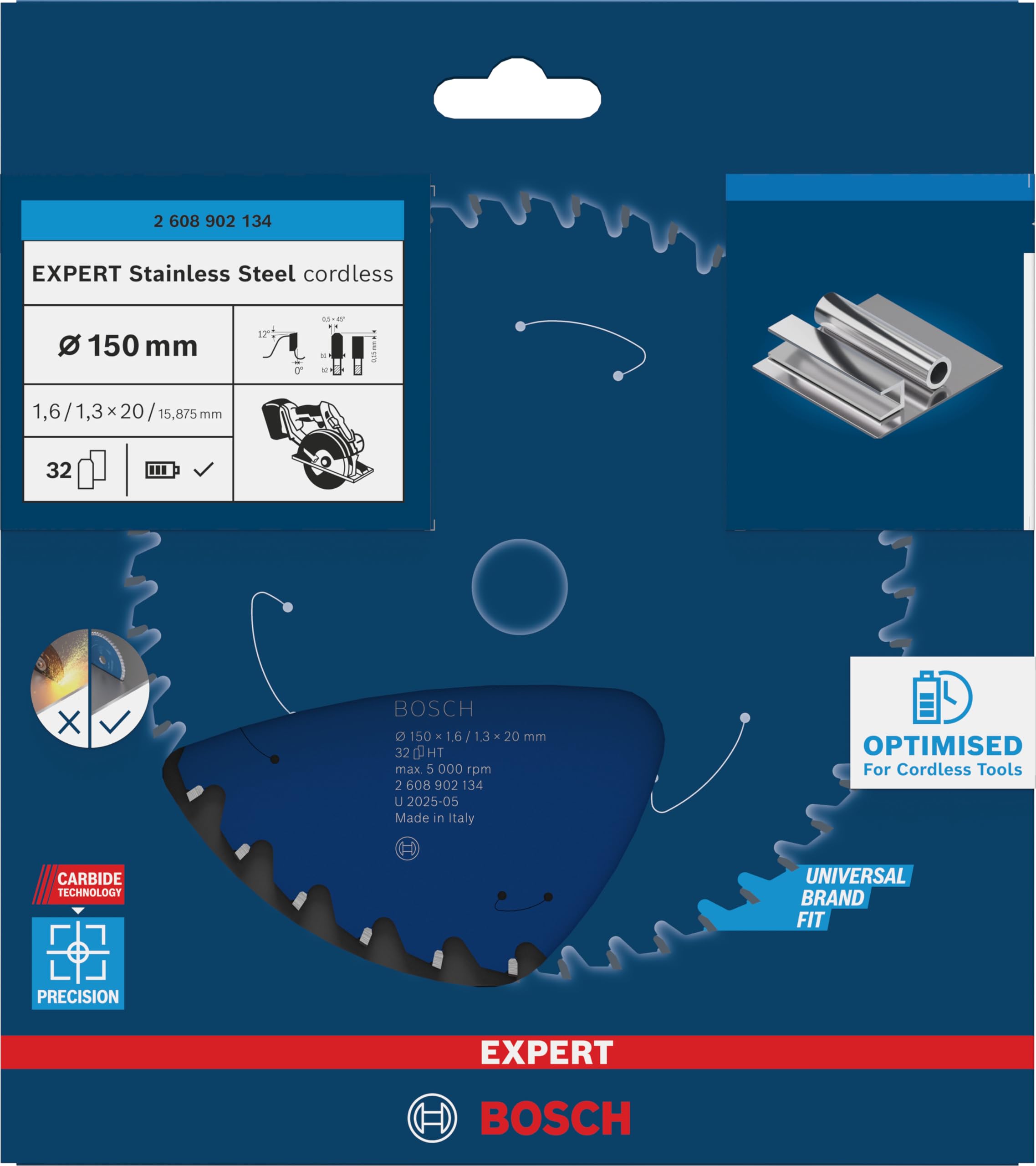 Bosch 1x EXPERT Stainless Steel cordless Kreissägeblatt für Metallsägen (für Edelstahl, Ø mm, Professional Zubehör Akku-Metallkreissäge)
