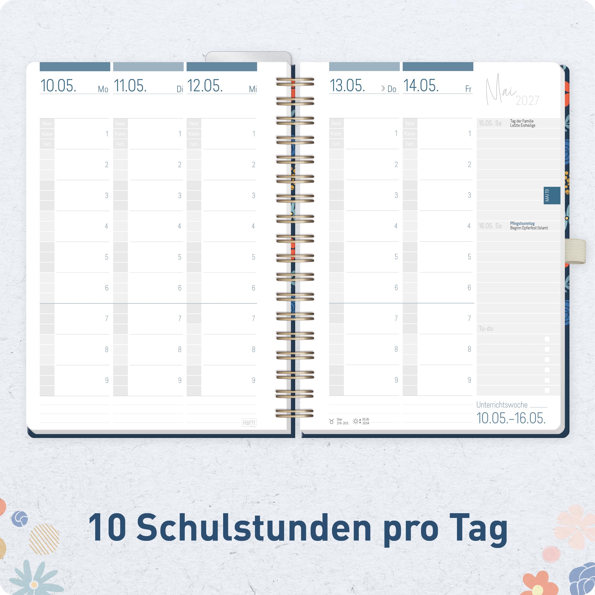 Häfft® Lehrer-Planer 2026/2027 Deluxe A5+ Lehrerkalender mit Hardcover und Spiralbindung, Schulplaner 26/27 für Grundschule, weiterführende Schulen & Referendariat "Flowers & Leaves"