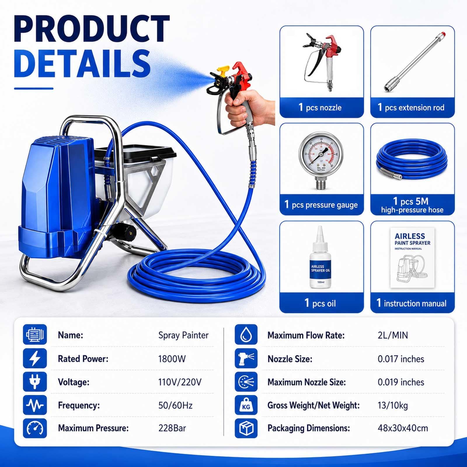Spruzzatore Airless Alta Pressione, 3300 Psi, 2 L/Min, Verniciatore