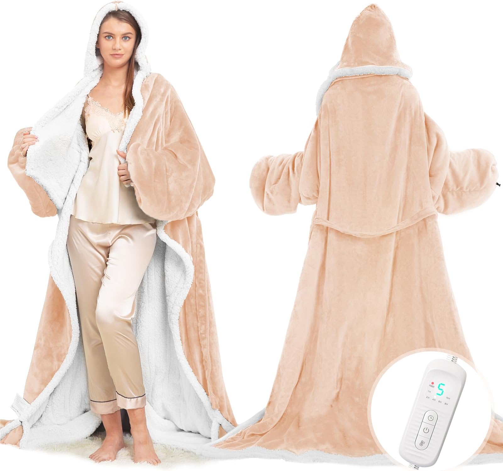 - Wearable Heated Blanket with Foot Pocket, Electric Wearable Throw Blanket with Sleeves, Hood, Portable Heated Blanket with 8 Heat Settings, 1-10 Hours Auto Shut-off, Gift for Family, Friends, 50*70"